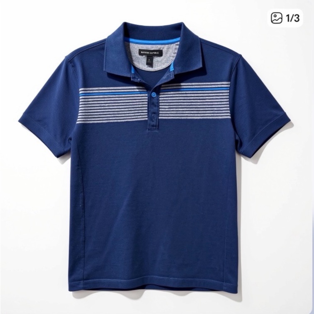 Banana Republic Men’s Navy Polo with Light Blue and Gray Stripes - Size Small